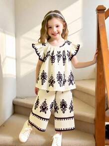 SHEIN Elladie kids 2 件套青少年女孩套装：荷叶边下摆印花圆领上衣和松紧腰裤