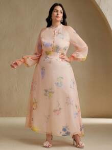 Anewsta 女式V领纽扣长袖花卉欧根纱连衣裙长款女装 - 珊瑚橙 - 查看 1