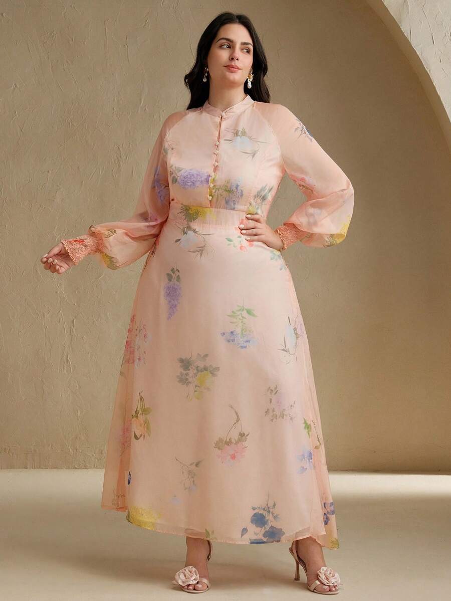 Anewsta 女式V领纽扣长袖花卉欧根纱连衣裙长款女装 - 珊瑚橙 - 查看 1