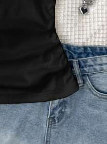 SHEIN 少女基本款白色圆点罗纹金属纽扣休闲百搭黑色深U领工字背心