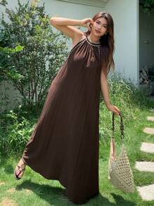 Dazy Plus Plus Size Solid Color Patchwork Floral Pattern Halter Neck Loose Long Chiffon Dress Linen,Casual Women Dresses - Rust Brown - View 4