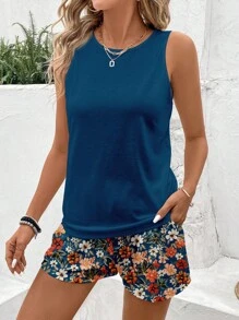 SHEIN LUNE Set de 2 piezas de mujer con top de tirantes y shorts estampado floral vintage, casual, para verano