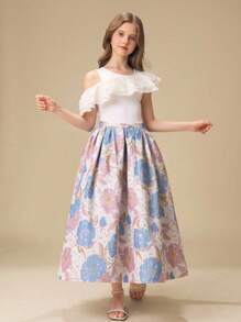 Girls Ruffle Collar Mesh Top + Jacquard Waist Skirt Set, Gorgeous Party Outfit, Elegant For Flower Girl, Bridesmaid, Wedding