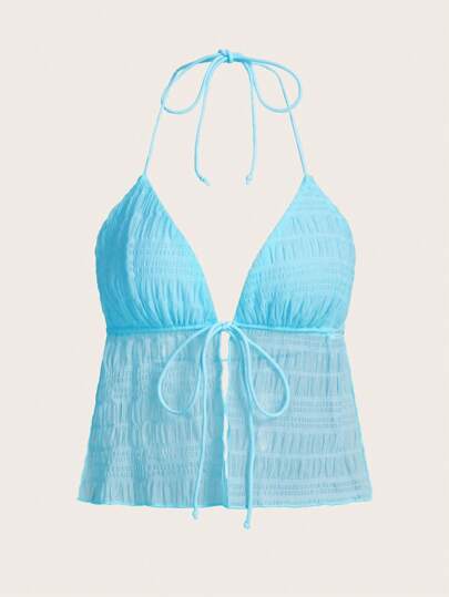 SHEIN ICON Split Hem Tie Backless Mesh Halter Y2k Top
