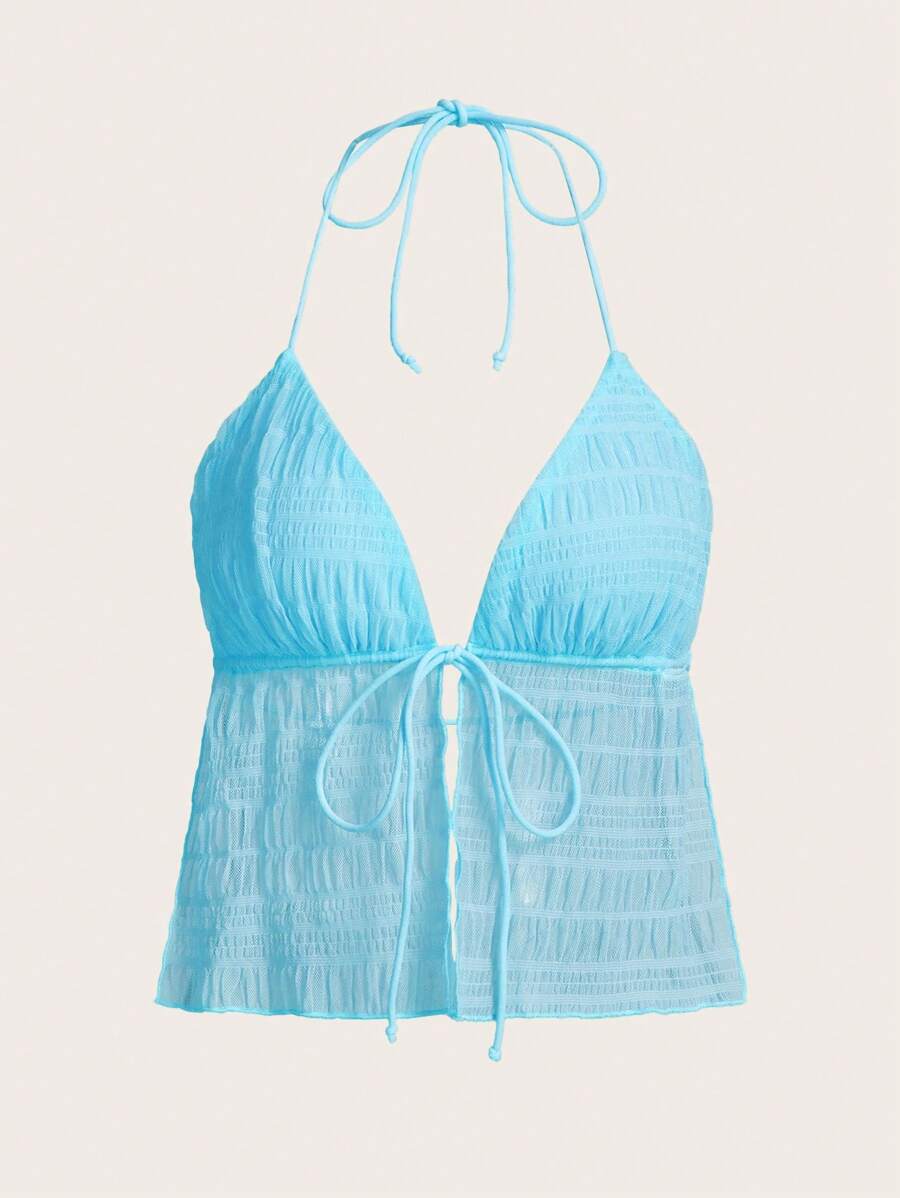 SHEIN ICON Split Hem Tie Backless Mesh Halter Y2k Top - Mint Blue - View 1