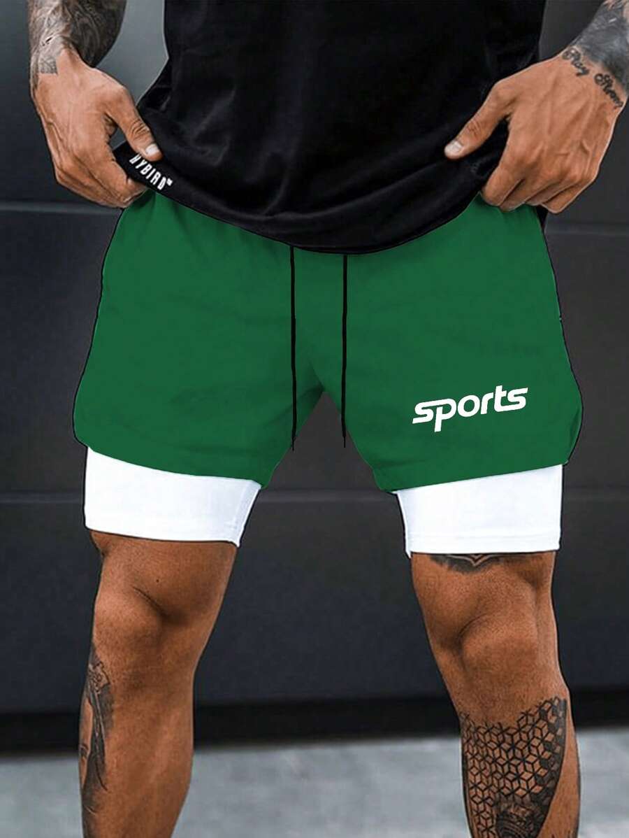 Gym Rark Men's Letter Print Drawstring Waist Double Layer Sports Shorts - Green - View 1