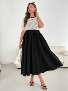 SHEIN Essnce Ple-Size 女士夏季两件套夏季休闲套装连衣裙衬衫套装短袖套装黑色长裙两件套 - 黑色 - 查看 3