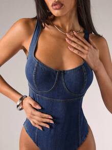 SHEIN BAE Women's Casual Fitted Bustier Denim Jumpsuit, Summer - Dark Wash - View 3