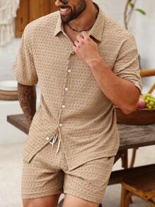 ResortEase Plus Size Men Textured Casual Shirt Set - Khaki - View 3