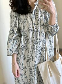 FRIFUL Women's Casual Plant Print Mid-Long Dress For Vacation,Ruffle - Multicolor - View 3