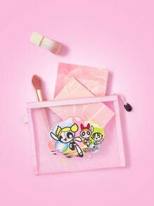 THE POWERPUFF GIRLS X SHEIN 花朵、泡泡、毛茛图案可爱网眼收纳袋，大容量便携化妆包 - 粉色 - 查看 2