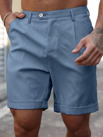 Manfinity Homme Men's Solid Color Pleated Pocket Casual Loose Shorts For Streetwear, Travel, Daily Wear For Men Shorts Casual Men Shorts Outdoor