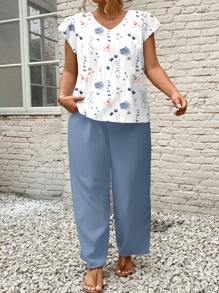 SHEIN Frenchy 大码女式节日花卉印花荷叶袖上衣和系带腰裤休闲两件套，2 件套夏季服装女式夏季服装 - 彩色 - 查看 5