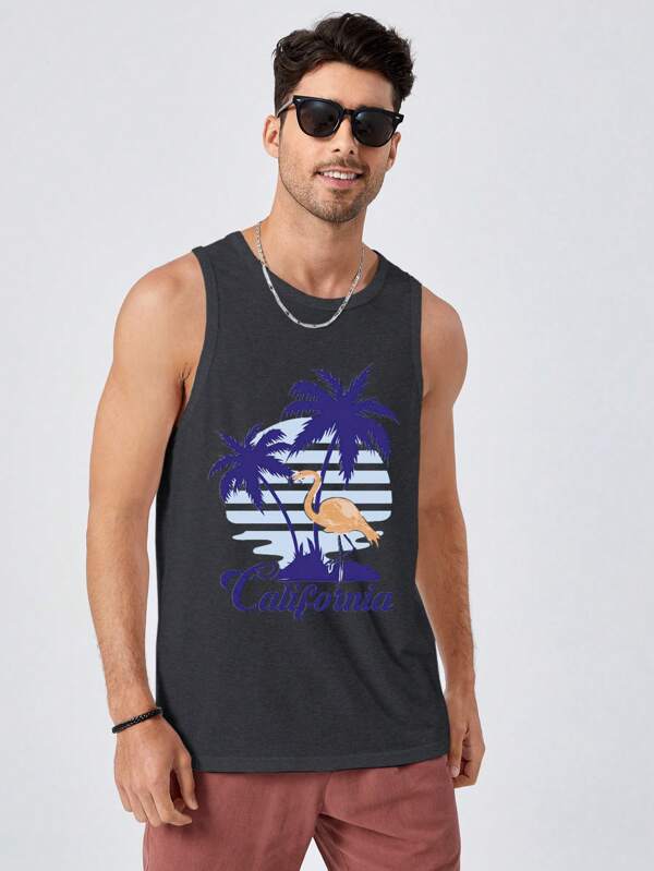 SHEIN Cottnline Camiseta de tirantes casual de hombre con estampado de letras y palmeras, de verano