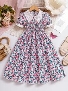 年轻女孩碎花泡泡袖刺绣荷叶边领公主裙，适合夏季度假，乡村风格 - 彩色 - 查看 3