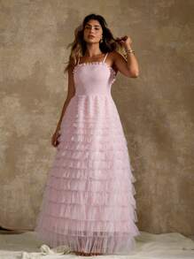 Flirla Plus Size Elegant Solid Color Mesh Maxi Slip Dress, Summer - Pink - View 5