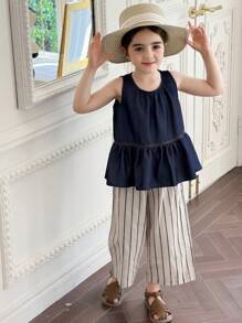 DAZY 年轻女孩韩版荷叶边下摆休闲宽松水洗背心和条纹直筒宽松牛仔套装，女孩夏季服装 - 藏蓝色 - 查看 1