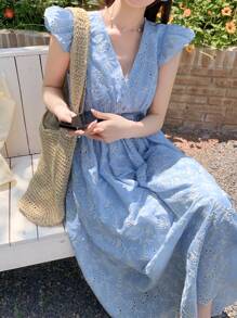 DAZY Abito casual da donna con maniche a campana, scollo a V, arricchito da ricami, ideale per le vacanze estive