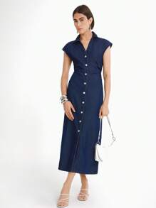 Daynim Vestido recto de mezclilla sin mangas con solapa para mujer