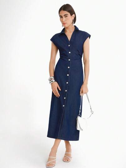 Daynim Women Sleeveless Lapel Straight Denim Dress