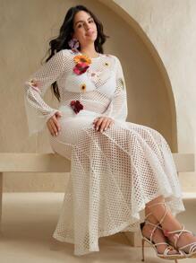 Anewsta Floral-Embellished Crochet Cover-Upbeach Outfits For Woman For Summer Beach Vacation - White - View 6