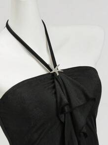 SHEIN ICON 女式纯色时尚开叉不对称下摆挂脖背心 - 黑色 - 查看 4