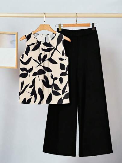 SHEIN Clasi Casual Minimalist Floral Sleeveless Tank Top & Loose Wide Leg Pants 2 Pieces Set, Plus Size, Suitable For Summer