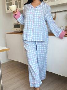 Plus Size Women Plaid Bowknot Top & Pants Pajama Set Bowknot  Cozy And Elegant Details, Fall Winter Clothes Outfit - Multicolor - View 6