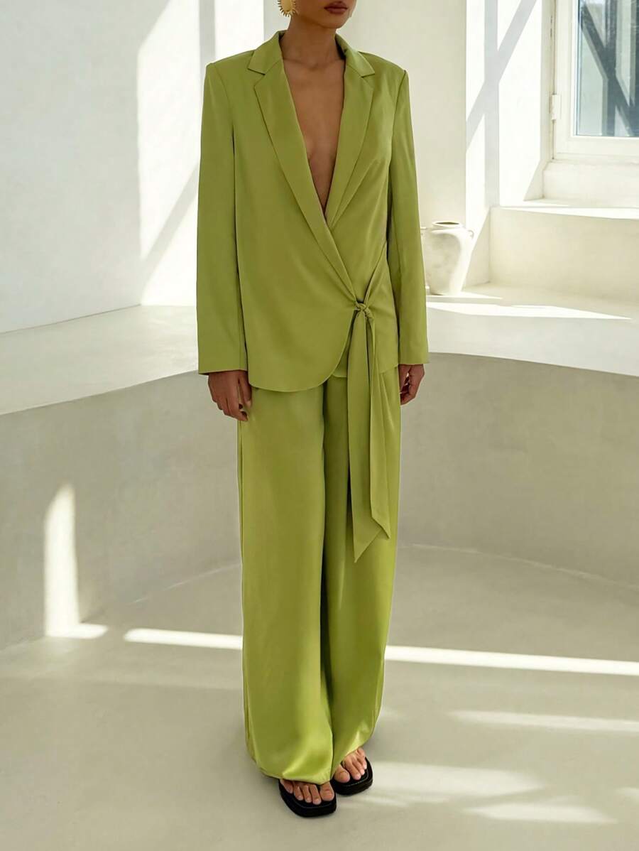 AiiRZ 奢华垂坠缎面西装外套专业商务正式晚会特殊场合裹身式领结侧边设计师办公室服装派对服装婚礼宾客春夏 - 綠色 - 查看 1