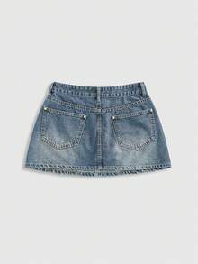 ROMWE Grunge Punk Váy denim thường ngày cho nữ có thiết kế đính đá hình ngôi sao - Màu xanh nhạt - Xem 4