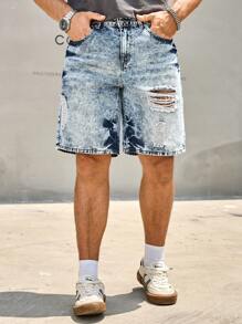 Manfinity LEGND Pantalones cortos vaqueros desgastados y lavados informales para hombre