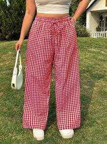 SHEIN EZwear Valentine's Day,Plus Size Casual Plaid Elastic Waist Loose Pants