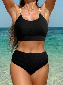 SHEIN Swim Ruched Fabric Shell Strap High Waist Bikini, Great For Beach & Holiday For Summer Beach Vacation - Black - View 1