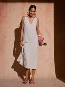 Bóhologie Vestido largo beige para mujeres, cuello en V, vestido casual para primavera y verano