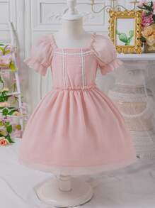 Glamorique Kids Young Girl Textured Fabric Ruffle Trim Square Neck Short Puff Sleeve A-Line Dress, Spring/Summer