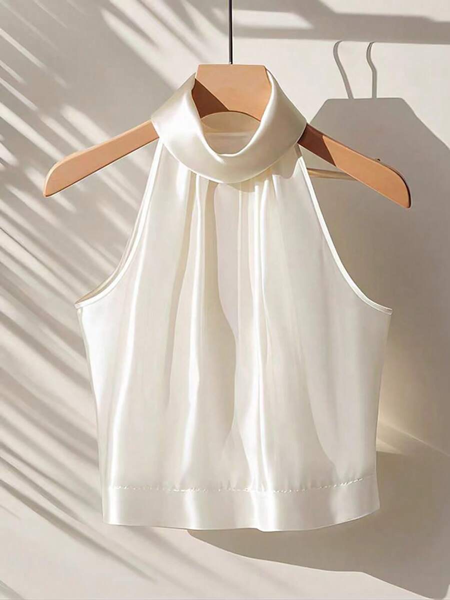 GlowEve Women's Summer Casual Solid Color Polo Collar Sleeveless Shirt - White - View 1