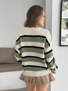 EURMUSE Olive Bold Stripe Chunky Knit Sweater In Sage And Ivory,Jumper,Cream Jumper,Jumpers For Women,Jumpers,Black Jumper,Womens Jumper,White Jumper,Women's Jumper,Women's Jumpers,Winter Clothes - Green - View 3