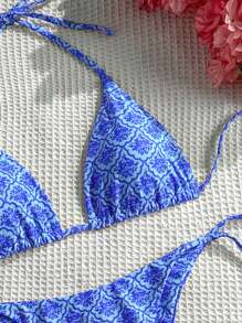 Swim Mod Women's Summer Beach Floral Print Halter Tie Sexy Bikini 2-Piece Swimsuit Set, Random Print - Blue - View 4