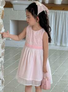 DAZY (Pequeno) Vestido de Festa de Aniversário Mid-Length Tulle com Gola Redonda e Floral, para Verão