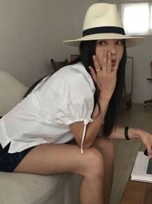 DAZY Women Plain Color Drawstring Tie Front Ruffle Trim White Short Sleeve Blouse Shirt, Spring & Summer - White - View 6