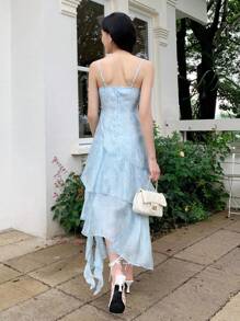 SHEIN LUNE Vestido largo asimétrico con volantes y tirantes ajustables con estampado de teñido anudado para mujer, vestimenta de vacaciones - Azul - Ver 2