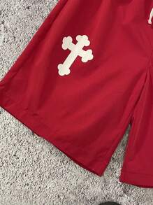 SHEIN 1 pieza Pantalones cortos casuales de estampado de cruz holgados con cordón en la cintura para adolescentes varones, para uso en verano y primavera; Ropa de niños adolescentes; Chaquetas de niños, de vuelta al colegio en primavera