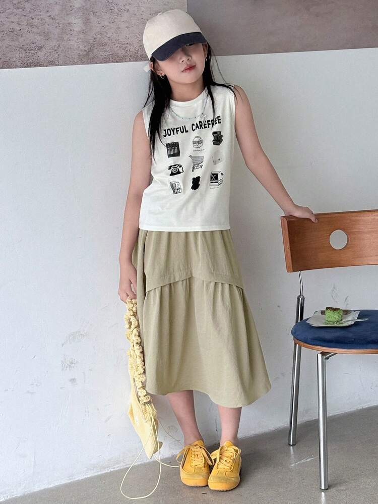 Tween Girls ' Sleeveless T-Shirt Asymmetrical Hem Skirt 2-Piece Set, For Summer,Back To School Clothes