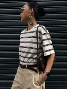 DAZY Áo thun thể thao mùa hè giản dị cho nữ, áo thun cổ tròn tay ngắn kẻ sọc Colorblock dáng rộng, áo phông cỡ lớn - trắng - Xem 3