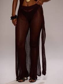 MUSERA 中腰钩针编织喇叭裤，仅作罩衫，适合春夏度假、海滩游泳、优雅可爱性感波西米亚风、伊比沙岛音乐节、假日夜生活、冬季日常晚宴派对穿着。 - 咖啡棕 - 查看 2