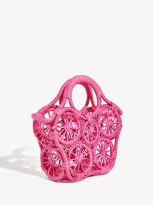 SHEIN SXY Women's Fashionable, Elegant, Simple & Versatile Summer Straw Hollow Handbag, Woven Bag Suitable For Beach, Date, Vacation - Hot Pink - View 3