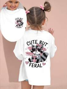 SHEIN Toddler Girls' Casual Cute Raccoon & Heart Slogan Print Round Neck Short Sleeve T-Shirt, Comfortable & Fashionable - White - View 1