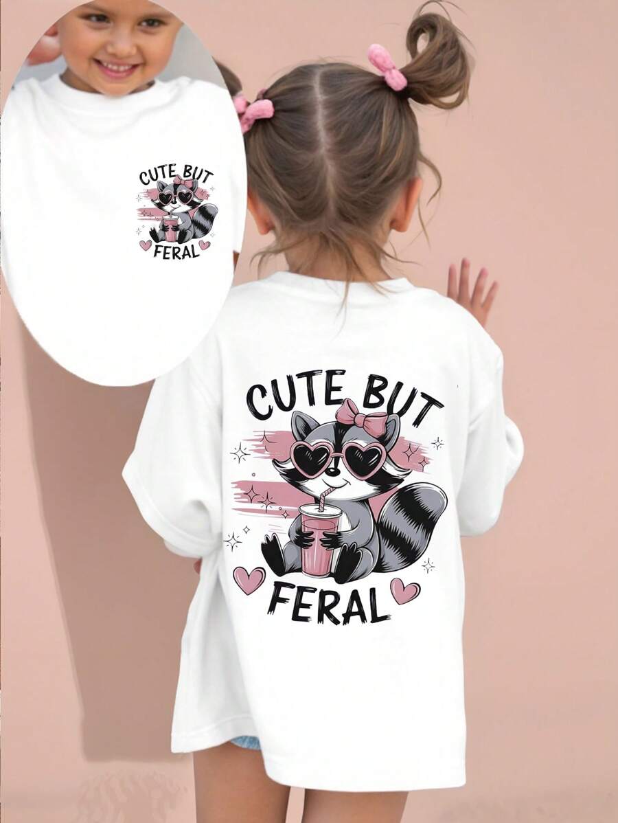 SHEIN Toddler Girls' Casual Cute Raccoon & Heart Slogan Print Round Neck Short Sleeve T-Shirt, Comfortable & Fashionable - White - View 1
