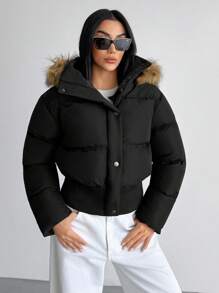 EURMUSE Women Short Fake Fur Hooded Rib Belt Winter Padded Coat - Black - View 8