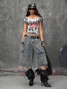 ROMWE Grunge Punk Street Punk Style Distressed Loose Low-Rise Women's Mid-Length Super Low Waist Denim Shorts